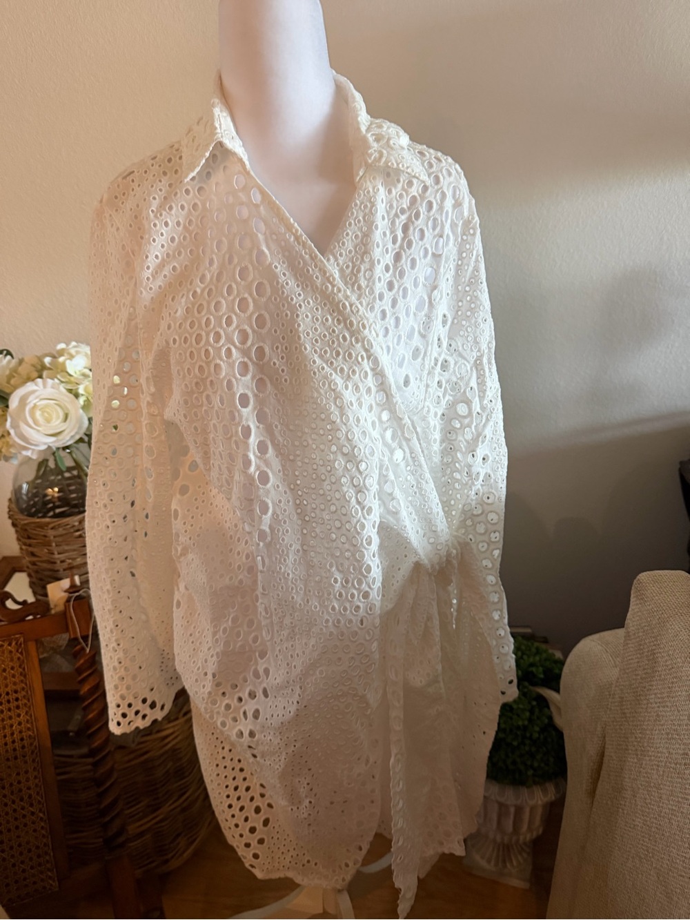 Women's White Eyelet Swim Coverup Wrap